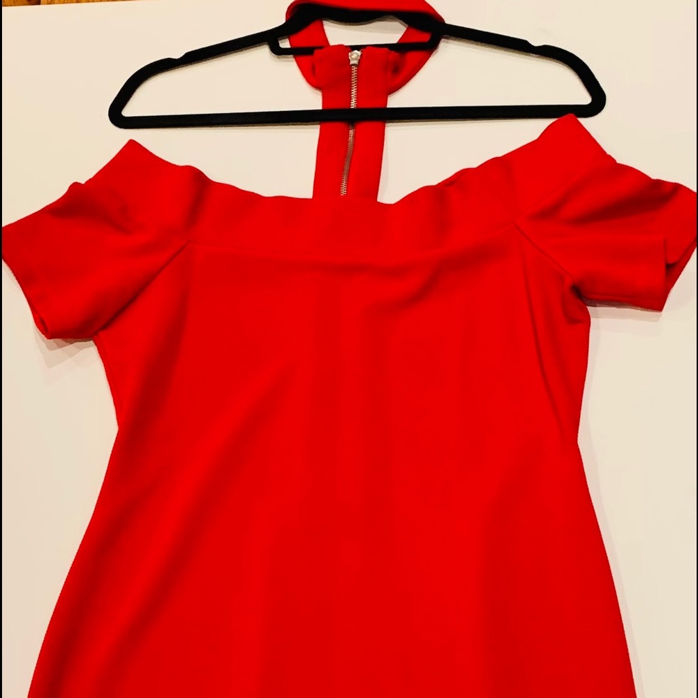 Red off the shoulder short sleeve with choker neck